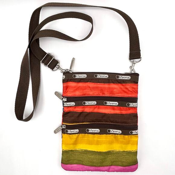 LeSportsac Multicolor Bag 3 Zip Crossbody Purse Rainbow Striped Boho Retro Y2K - Picture 1 of 9